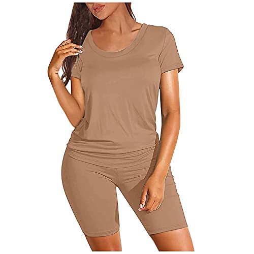 Two Piece Outfits for Women Short Sleeve V Neck Biker Shorts Set Tie-Dye Set Outfits Bodycon Sportswear Tracksuit Set Khaki