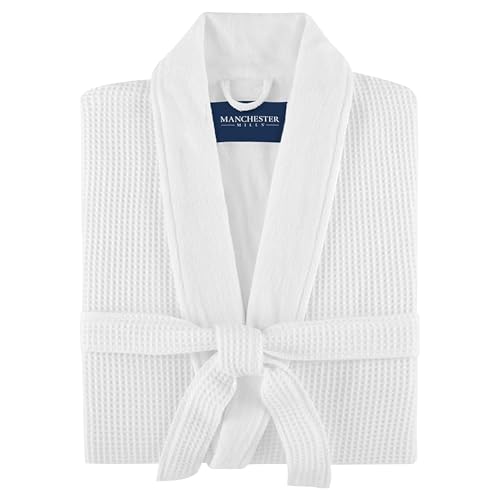 Manchester Mills Waffle Weave Shawl Collar Robe - Premium Cotton/Polyester Blend Bathrobe With Lightweight French Terry Lining for Hotel or Home 48 Inch Length