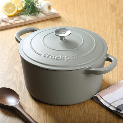 Image of Crock-Pot Artisan 5-Quart Round Cast Iron Dutch Oven with Lid - Matte Green, Durable Oven Safe Cookware