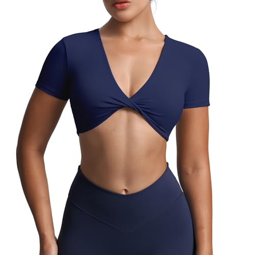 Image of Aoxjox Short Sleeve Crop Tops for Women Sienna Twist Deep V Workout Cropped T Shirt Top