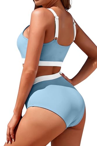 Image of Womens High Waisted Bikini Sets Sporty Crop Top Color Block Swimwear Bandeau Scoop Neck Vintage Two Piece Bathing Suits