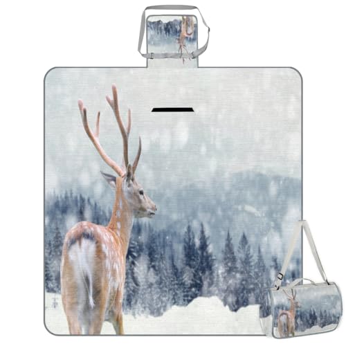 Shimoshe Picnic Blankets 57”x 59”, Winter Deer Waterproof Sandproof Picnic Mat Lightweight Foldable Beach Blanket for Camping Park Grass Beach Outdoor Blanket
