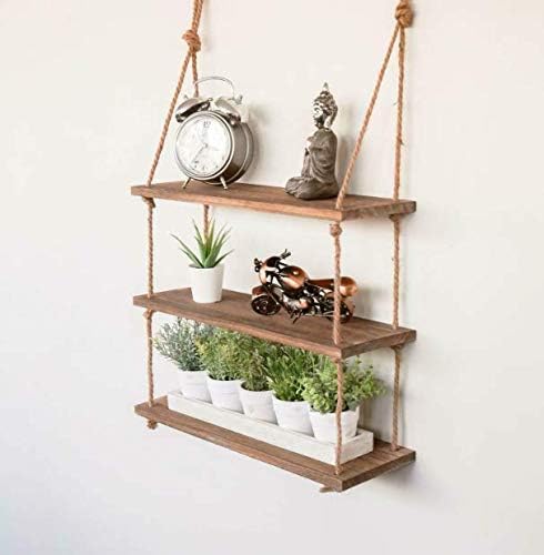garden mile Rustic Wood Rope Hanging Wall Shelf Country Vintage Storage Floating Shelf 1, 2, 3 Tier Home Decor Hallway Bathroom Bedroom Kitchen Living Room Storage Shelving Hanging (3 Tier)