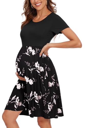 WOOXIO Vestido de maternidad de manga corta para mujer con bolsillos, ropa de embarazo de retazos, Negro-negro, blanco, jazmín, L