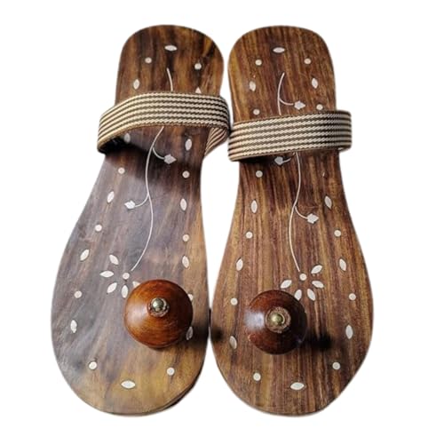 Image of Lakdi /Wooden Khadau Slippers with Floral Design, Sheesham Wood, Rubber Sole, for Mandir and Pujan, UK Size 7-8