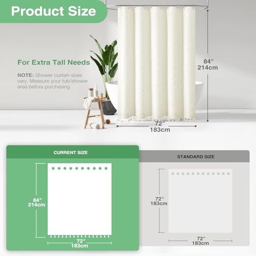 Dynamene Extra Long Shower Curtains, 84 Inches Long Boho Tufted Geometric Striped Fabric Shower Curtains for Bathroom, Tall Shabby Chic Waterproof Cloth Shower Curtain Set with Hooks, Cream, 72x84 by Dynamene - Used condition - Image 3