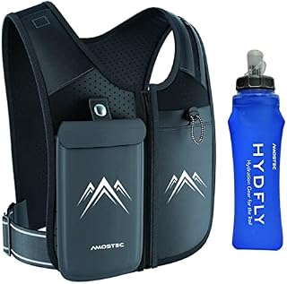 AMOSTEC Running Phone Holder Vest, Original Zip Front Reflective Running Vests with 500ml Hydration Bottle, 5 Pockets for Cards, Keys, Towels, Adjustable Waistband & Breathable Materials, Men & Women