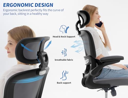 Image of TRALT Ergonomic Office Chair - Desk Chair with Adjustable Headrest Lumbar Support Computer Chair - Mesh Comfy Chair with Flip-up Armrests - Gaming Chairs for Adults Home Office (Leather, Dark Grey)