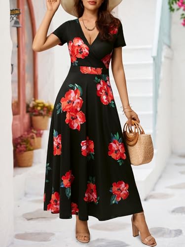Image of HUHOT Women's Short Sleeve Wrap V Neck Dresses for Wedding Guest Summer Floral Maxi Sundresses with Pockets Boho Dress