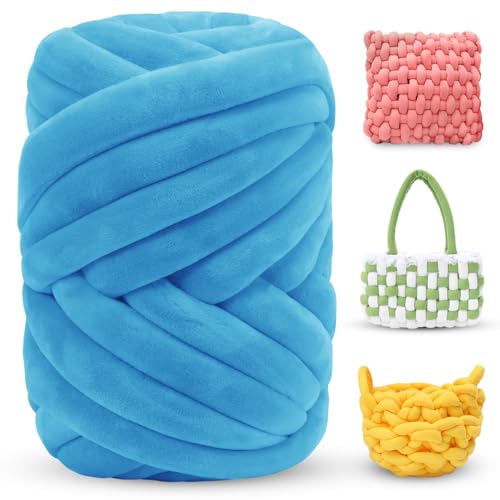 LEREATI Thick Chunky Yarn for Arm Knitting, Jumbo Tube Knit Blanket Soft Velvet Yarn for Crocheting Handbags, Hand Knitting, Pet Bed, Rugs, Pillows, Crafts (Azure Blue, 1.1lbs)