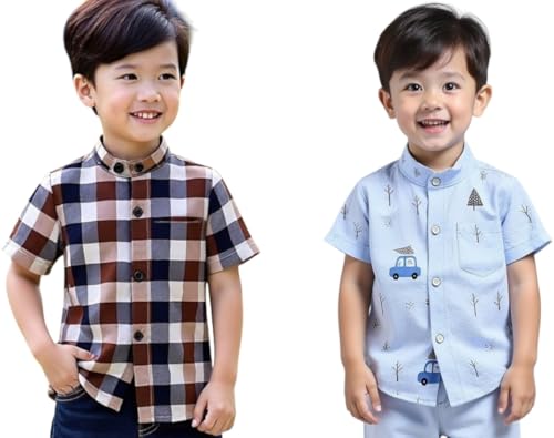 Image of Boys Short Sleeve Button Down Shirts, Plaid and Striped Pattern, Cotton Casual Tops, Pack of 2