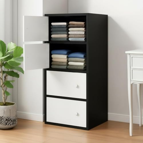 Image of LERIMO Wooden Wardrobe Almirah for Bedroom & Kids - 4 Door Clothes Storage Cupboard | Wooden Wardrobe Cabinet for Clothes, Toys & Accessories | Modern Storage Almirah (Black, 4-Door)