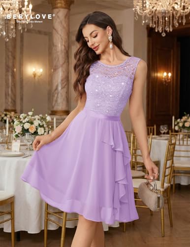Image of BeryLove Womens Boat Neck A Line Sleeveless Lace Formal Homecoming Dress | Short Dress With Ruffle Hem, Sparkly Design Ideal For Wedding Guest,Bridesmaid Cocktail Prom & Evening Party Events