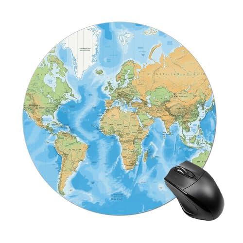 Tapis de souris rond imprimé carte du monde drôle petit tapis de souris avec base en caoutchouc antidérapant pour bureau sans fil pour ordinateur portable, bureau à domicile, 19,8 x 20,8 cm