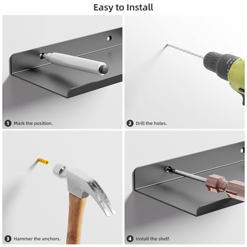 PAVSTINE Wandregal Metall, 2 Stück Schweberegal 20 cm Breit, Regal Schwarz, Schwebendes Bücherregal, Bilderleiste, Home Decoration Wall Shelf für Wohnzimmer, Küche, Schlafzimmer, Büro