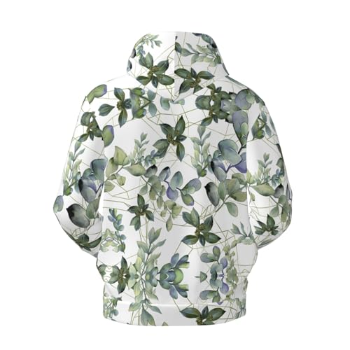 Men's Fleece Pullover Hoodies, Green Eucalyptus Leaves Printed Casual Drawstring Hooded Sweatshirts2
