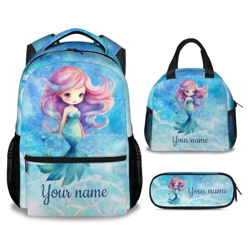 Custom Mermaid Kids Backpack Set, 3 in 1 School Backpacks Matching Combo with Lunch Box, Aesthetic Blue Middle High School Bookbag and Pencil Case Bundle