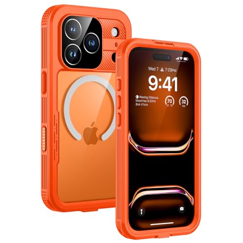 Lanhiem Magnetic for iPhone 17 Pro Max Case IP68 Waterproof Dustproof Compatible with Magsafe Built-in Screen Protector Full Body Heavy Duty Rugged Phone Cover 6.9 inch Cosmic Orange
