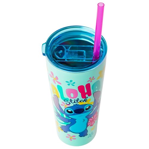 Image of Silver Buffalo Disney Lilo and Stitch Aloha Double Walled Tumbler with Straw, 22 Ounces