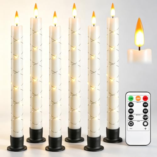 Image of Da by 6 Pack Ivory Heat Resistant Flameless Taper Candles, Cross Surrounding Fairy String Lights, Realistic Dynamic Flame LED Candles with Remote Control for Indoor Outdoor Decor