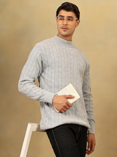 Image of Kvetoo Men's High Neck Cable Knit Sweater | Winter Pullover | Warm Wool Blend |Casual Full Sleeve Sweater for Men | Stylish Ribbed Neck Slim Fit Winterwear