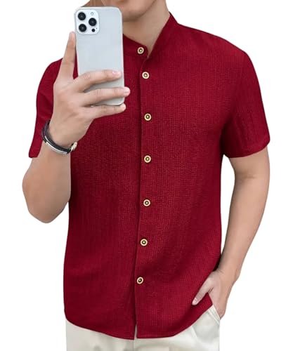 Image of Men's Solid Textured Half Sleeve Shirt with Stylish Buttons | Band Collar Casual Shirt for Summer Wear