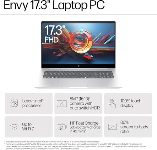 Image of HP Envy 17.3 inch Touchscreen Laptop Computer - 64GB RAM | 1TB SSD, Intel Core Ultra 7 155H Processor(10Core), 16:10 FHD Display, Wi-Fi 7, Backlit KB, Numeric Keypad, Win 11 Pro for Business, Student