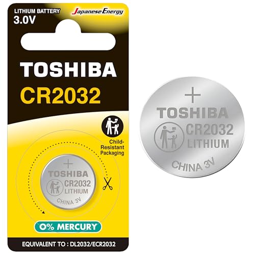 Toshiba Pila CR2032 Botón, batería de Litio 3V, Ultra Larga duración, 10 años de conservación, sin Mercurio, Ideal para mandos a Distancia, Airtag, calculadoras, Llaves de Coche, 40700106