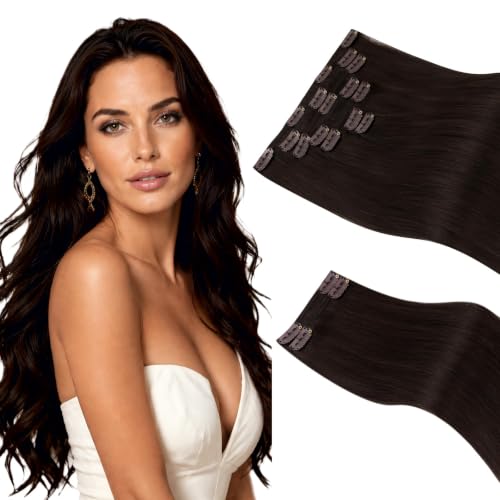Image of Sunny Hair Clip in Hair Extensions Real Human Hair Dark Brown 24inch 180g | Human Hair Clip in Extensions Dark Brown with Natural Medium-Long Hair, Soft Texture Soft Blend and Full Coverage for Bridal