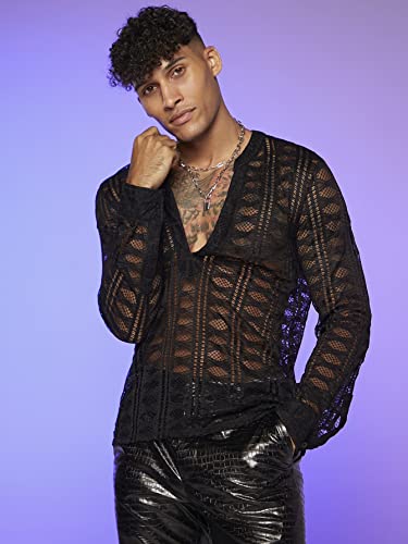 Wdirara Men's Fishnet Sheer Long Sleeve Notched Neck Hollow Out See Through Shirt Black S #TOP2