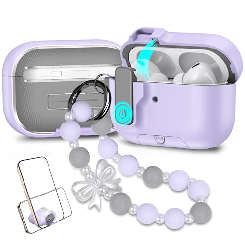 Compatible with AirPods Pro 3rd Generation,for Airpod Pro 3 Case 2025 with Lock, Full Drop Protection Auto Pop-Up Lid Design with Keychain for Women, Purple Bow