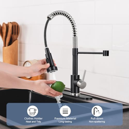 DJS Kitchen Faucets with Pull Down Sprayer Matte Black & Brushed Nickel High Arc Single Handle 1 or 3 Holes Spring Kitchen Sink Faucet with Deck Plate for Farmhouse RV Vessel Basin by DJS - Image 4
