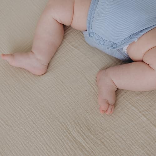 Image of Dreamology Mini Crib Sheets Fitted,Mini Muslin Crib Sheet,100% Cotton | Crib Sheets,Soft,Baby Crib Sheets,Girls,Boys,Pack and Play Sheets Fitted,24x38 Mini Crib Sheet,2 Pack | Caramel,Ecru