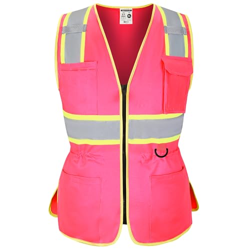 Image of FATONE Women's ANSI Class 2 High-Vis Safety Vest with Reflective Strips, Zipper Pockets & Adjustable Waist - Pink /Yellow Construction Work Vest for Warehouse Personnel, Road Crews XS