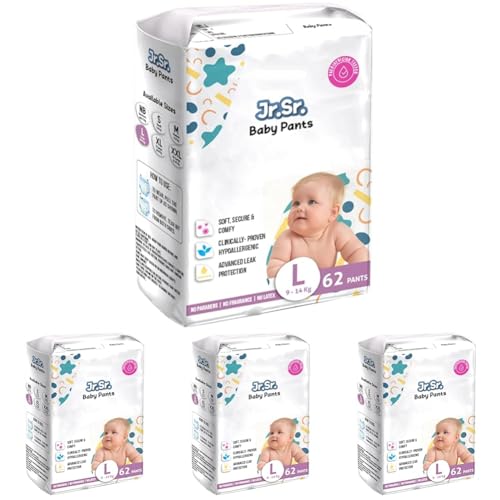 Image of Jr. Sr. Baby Diaper Pants | Large (L) Size (9-14 kg), 62 Count | Pack of 4 | Upto 12 hr Absorption with Advanced Leak Protection | Safe For Babies Skin | Soft, Secure & Comfy