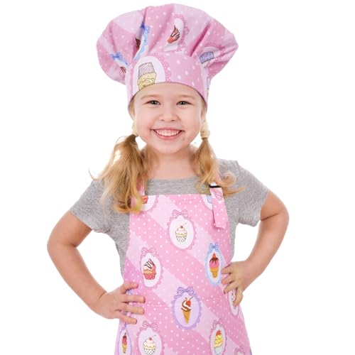 saerryor Cartoon Kids Apron and Chef Hat Cooking Apron with 2 Pockets L