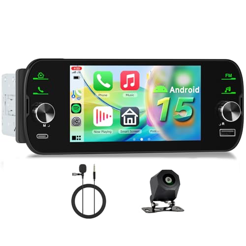 【4+64G】 Hodozzy USB C/USB Radio Coche Android 1 DIN con Carplay Android Auto, Autorradio Bluetooth con Pantalla de 5 Pulgadas, GPS WiFi Mirror Link con RDS FM y Cámara de Visión Trasera