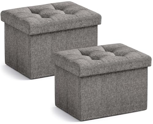 Ornavo Home Small Storage Ottoman, Set of 2, Foldable Collapsible Rectangle Linen Ottoman Foot Rest Stool Seat, for Living Room, Bedroom, Home Office, Dorm - 12 x 16 x 12, Dark Gray