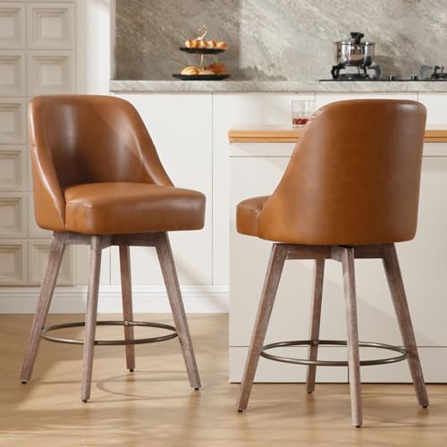 Bekrvio Counter Height Bar Stools Set of 2, Mid-Century Modern Swivel Barstools with Back and Wood Legs, Faux Leather Upholstered Chairs 65CM Seat Height Counter Stools (PU-Brown, 2PCS)