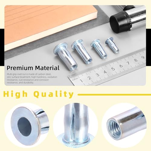 Mardatt 20 Stück M6 Multi-Grip Nietmuttern, verzinkter vorgebohrter Schaft mit flachem Kopf und Gewindeeinsatz, Nietmuttern aus Kohlenstoffstahl für Bauindustrie