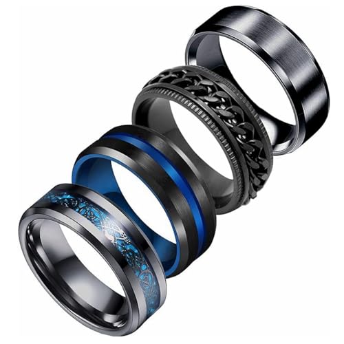 ViiTang 4 Pcs Ring For Men - Black Stainless Steel Ring For Stress & Anxiety Relief For Him Boyfriend Husband | Unique Mens Jewelry Gift Idea (Set A 10)