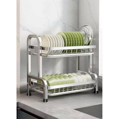 AKILER水切りカトラリーバスケット水切りラック食器収納,水切りラック,2層,3層,大容量収納ラック箸置き・包丁置きまな板置き防錆ステンレス,乾燥ラック組み立て簡単 (2層42*22.1*41標準版)