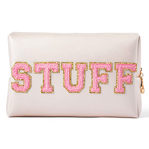 GROBRO7 Stuff Patch Kosmetik Tasche PU Große Kapazität Reise Toilettentaschen, golden wasserdichte Varsity Brief Tasche mit Reißverschlüssen für Make up Waschen Pflege, Business Trip Essentials Cover