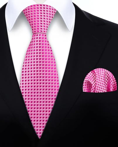 Image of HISDERN Ties for Men Formal Business Plaid Checked Mens Ties and Pocket Square Set Classic Wedding Necktie Handkerchief