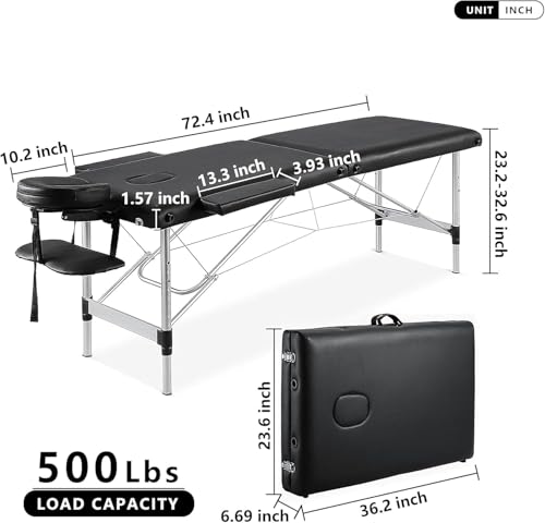 Image of Tattoo Gizmo Massage Table 2 Folding Portable Spa Bed for Full Body 73 Inch Face Cradle Table Foldable Tables, 150 kg Weight Holding Capacity for Home Clinic Salon Black (Aluminium-White)