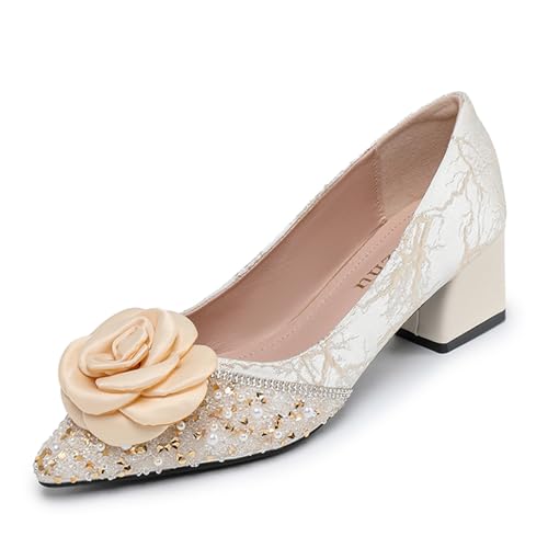 Women's Satin Flowers Rhinestones Chunky Heel Pumps Fashion Grace Slip On Lightweight Mid Block Heel Dress Pumps Shoes for Leisure Wedding Party Prom