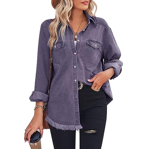 Zilcremo Women Denim Shirt Chambray Collared Jean Shirts Long Sleeve Pocket Button Down Blouses Small Purple