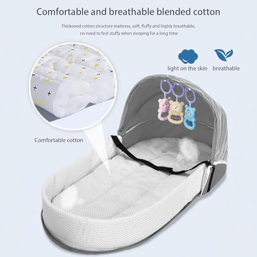 Image of 3-in-1 Portable Baby Bassinet & Diaper Bag, Foldable Travel Bed with Mosquito Net & Sun Awning, Breathable Newborn Lounger for Co-Sleeping, Lightweight Grey Infant Crib for Camping & Outdoor Use