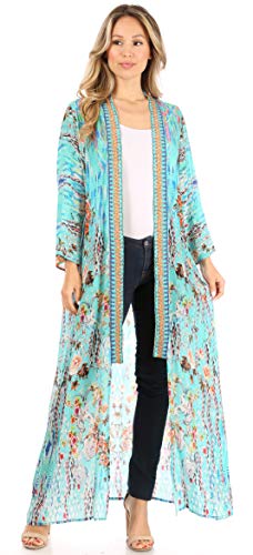Image of Sakkas Iona Women's Casual Boho Long Kimono Cardigan Open Front Floral Print Loose