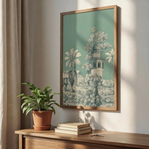 Image of SAF Vintage Teal Elephant Palace Wall Art with Wooden Frame | Botanical Heritage HD UV Laminated Print on MDF | Elegant Jungle Decor for Living Room Bedroom Office 13.5 x 19.5 Inch